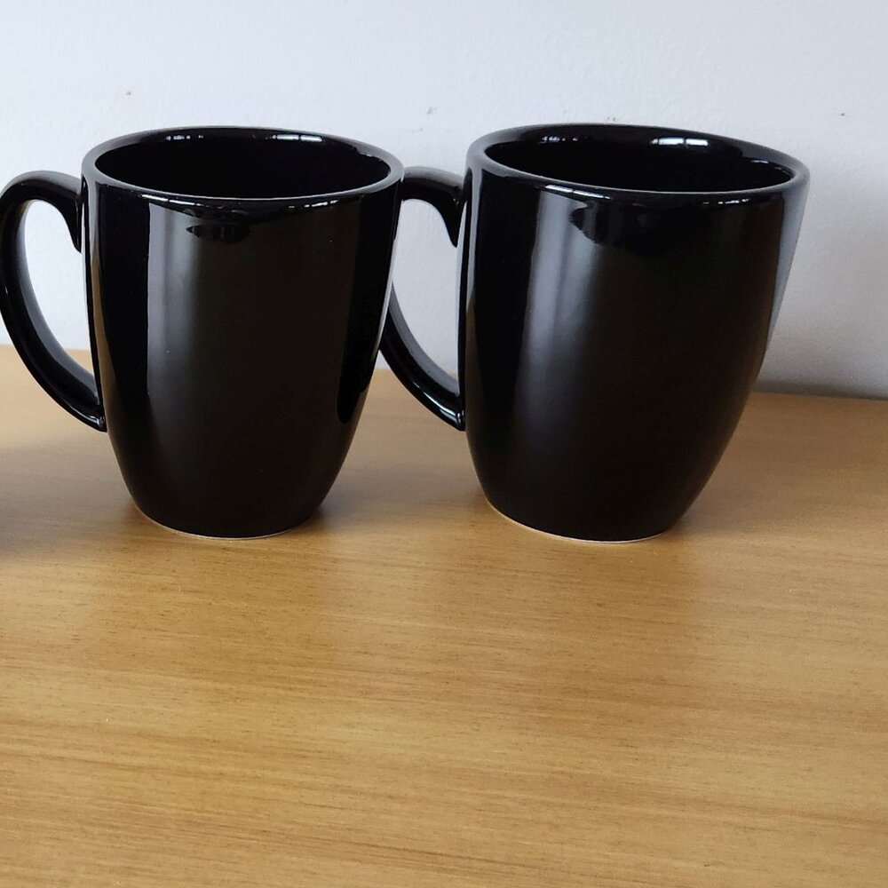 2 Corelle Black Stoneware Coffee Mugs 11 ounces - China